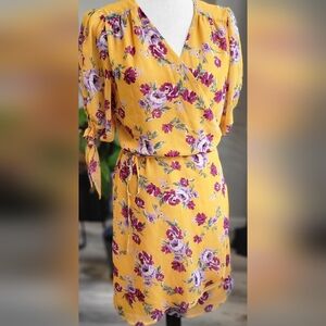 Alison Andrews Yellow Floral Boho Wrap Dress Size L Tie Waist Spring Summer